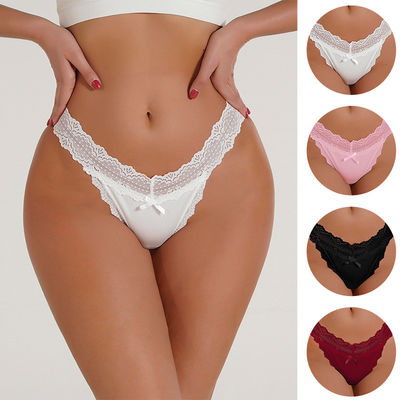 Seamless Lace Underwear For Women Stretchy Casual Thong Low Rise Bow Decor Bikini Panty