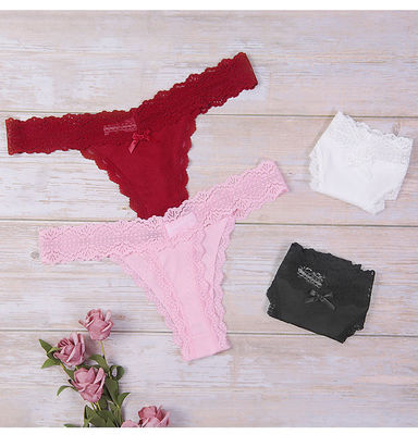 Seamless Lace Underwear For Women Stretchy Casual Thong Low Rise Bow Decor Bikini Panty